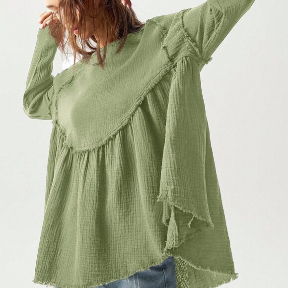 Green boho Women's Vacation Woven Loose Long Sleeve Shirt top - Picture 6 of 8
